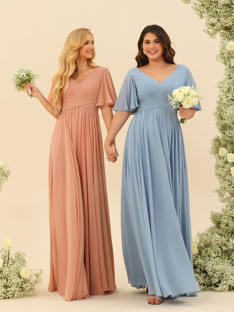 Abito Lungo in Chiffon Elegante – Silhouette Fluida A-Line con Spacco Laterale e Volant