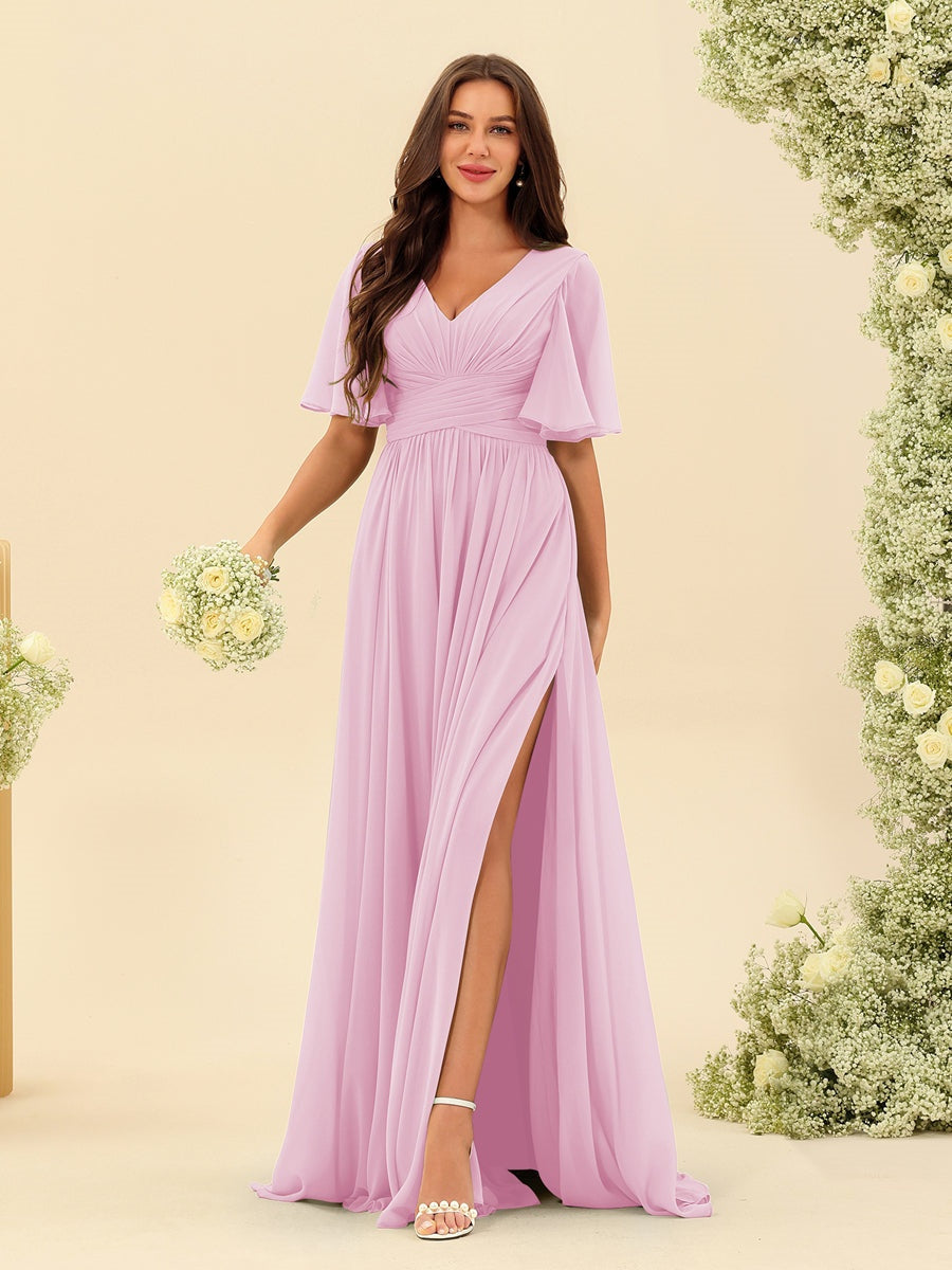 Abito Lungo in Chiffon Elegante – Silhouette Fluida A-Line con Spacco Laterale e Volant