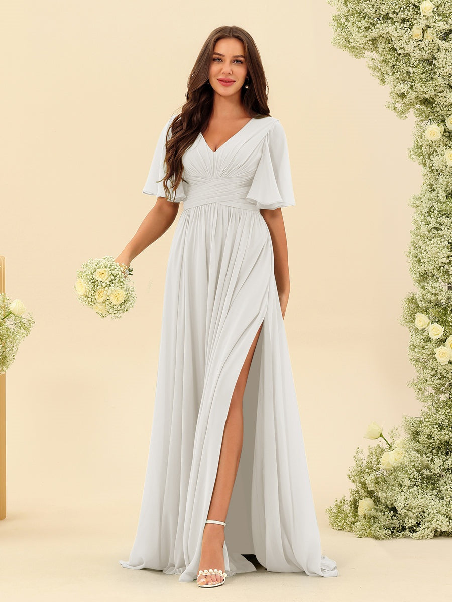 Abito Lungo in Chiffon Elegante – Silhouette Fluida A-Line con Spacco Laterale e Volant
