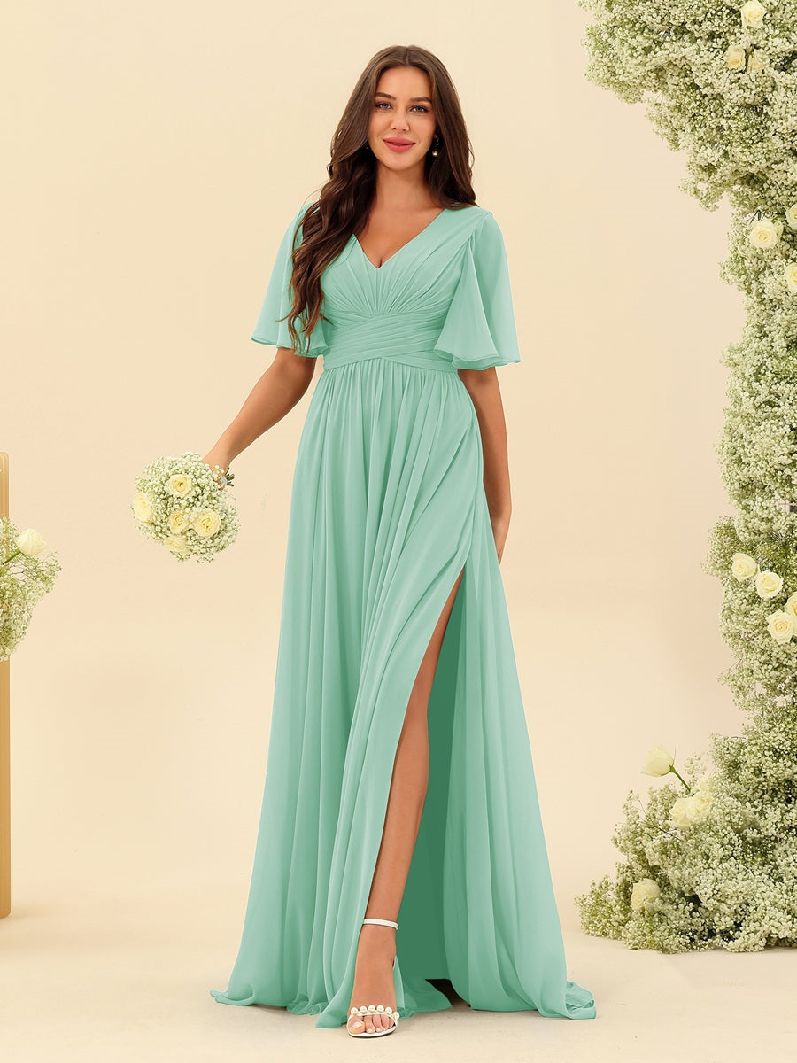 Abito Lungo in Chiffon Elegante – Silhouette Fluida A-Line con Spacco Laterale e Volant