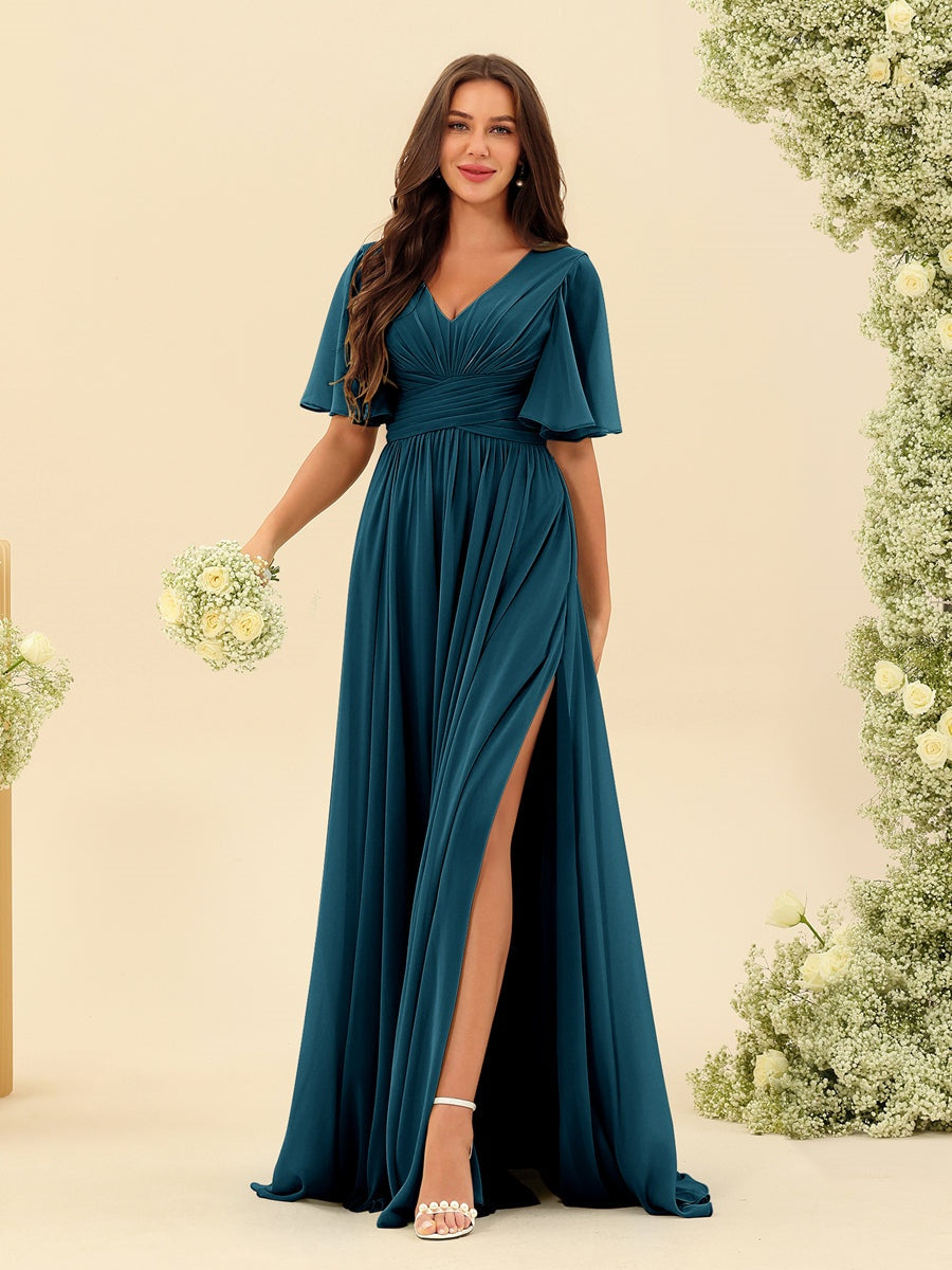 Abito Lungo in Chiffon Elegante – Silhouette Fluida A-Line con Spacco Laterale e Volant