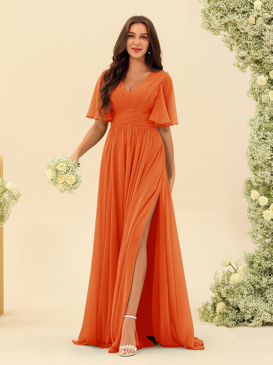 Abito Lungo in Chiffon Elegante – Silhouette Fluida A-Line con Spacco Laterale e Volant