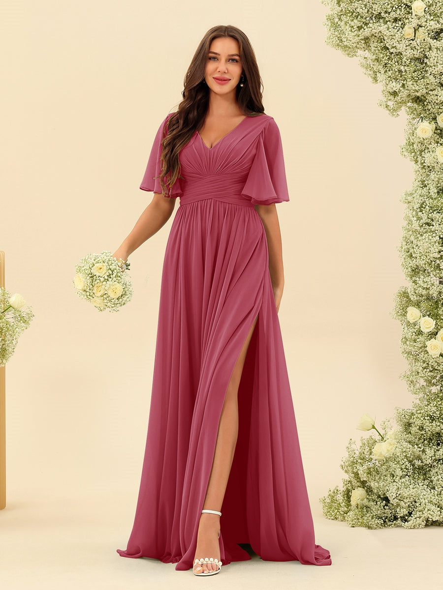 Abito Lungo in Chiffon Elegante – Silhouette Fluida A-Line con Spacco Laterale e Volant
