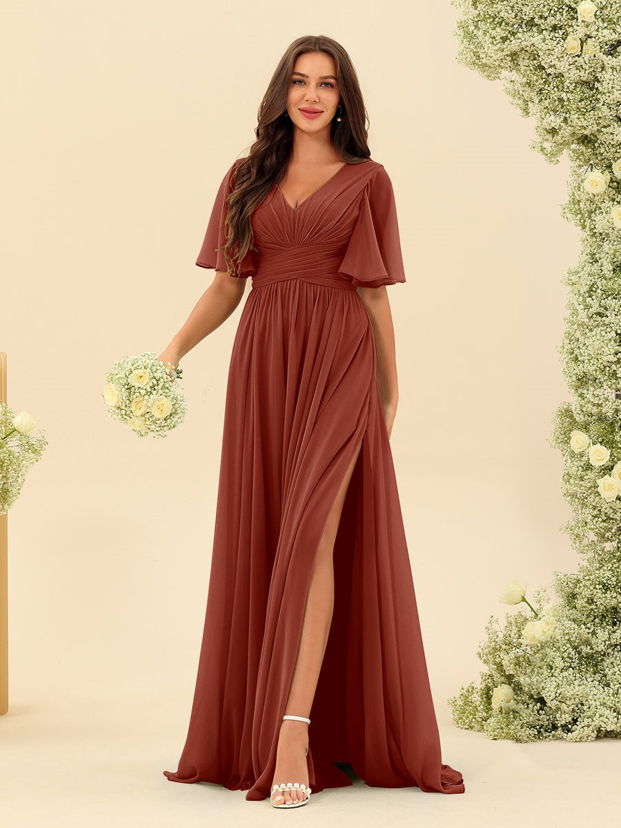 Abito Lungo in Chiffon Elegante – Silhouette Fluida A-Line con Spacco Laterale e Volant