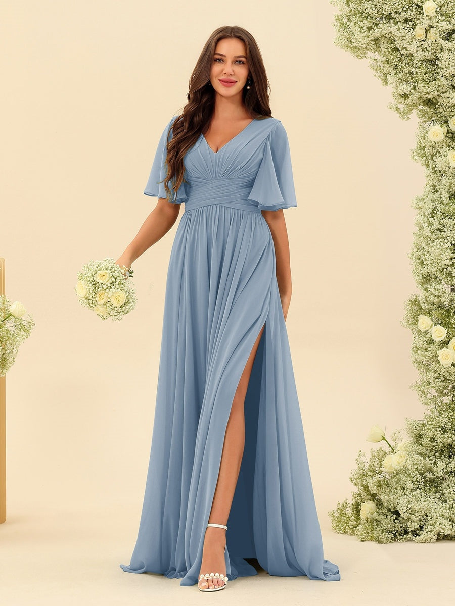 Abito Lungo in Chiffon Elegante – Silhouette Fluida A-Line con Spacco Laterale e Volant