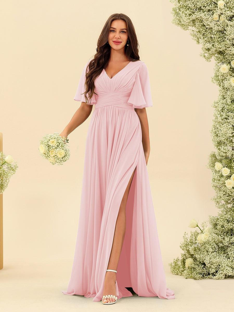 Abito Lungo in Chiffon Elegante – Silhouette Fluida A-Line con Spacco Laterale e Volant