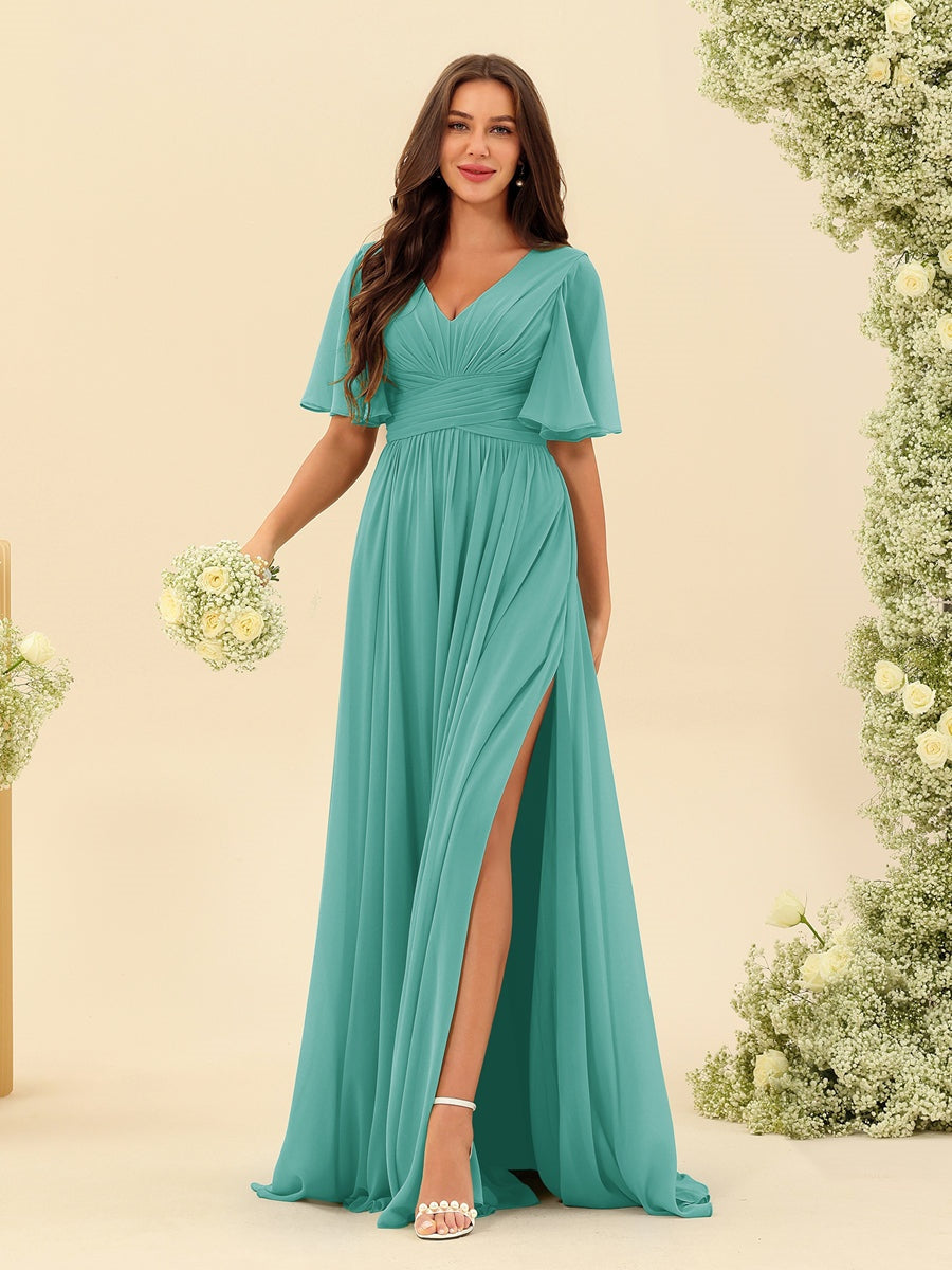 Abito Lungo in Chiffon Elegante – Silhouette Fluida A-Line con Spacco Laterale e Volant