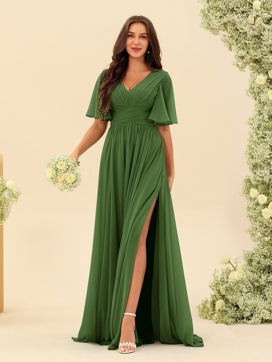 Abito Lungo in Chiffon Elegante – Silhouette Fluida A-Line con Spacco Laterale e Volant
