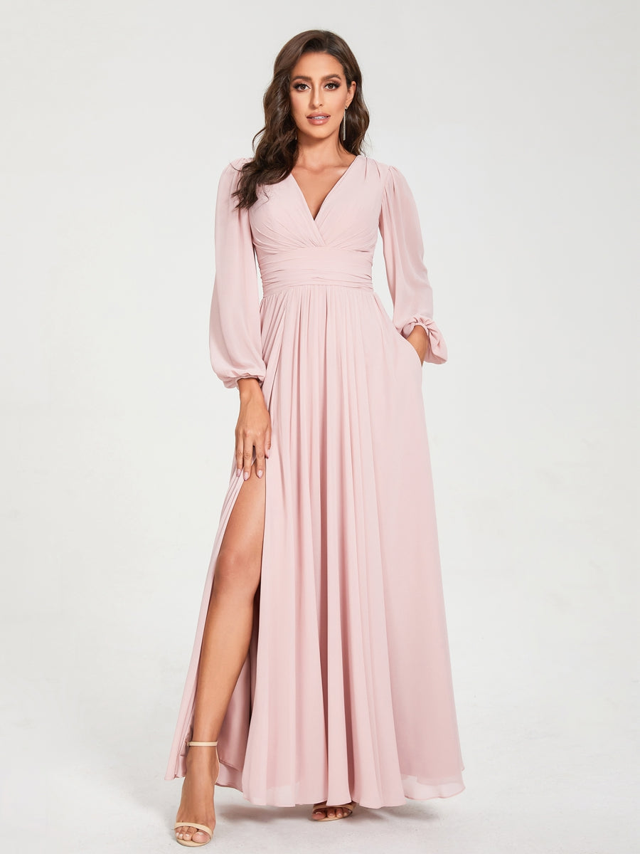 Abito da damigella d'onore a trapezio con maniche lunghe - Elegante abito formale per matrimoni e feste