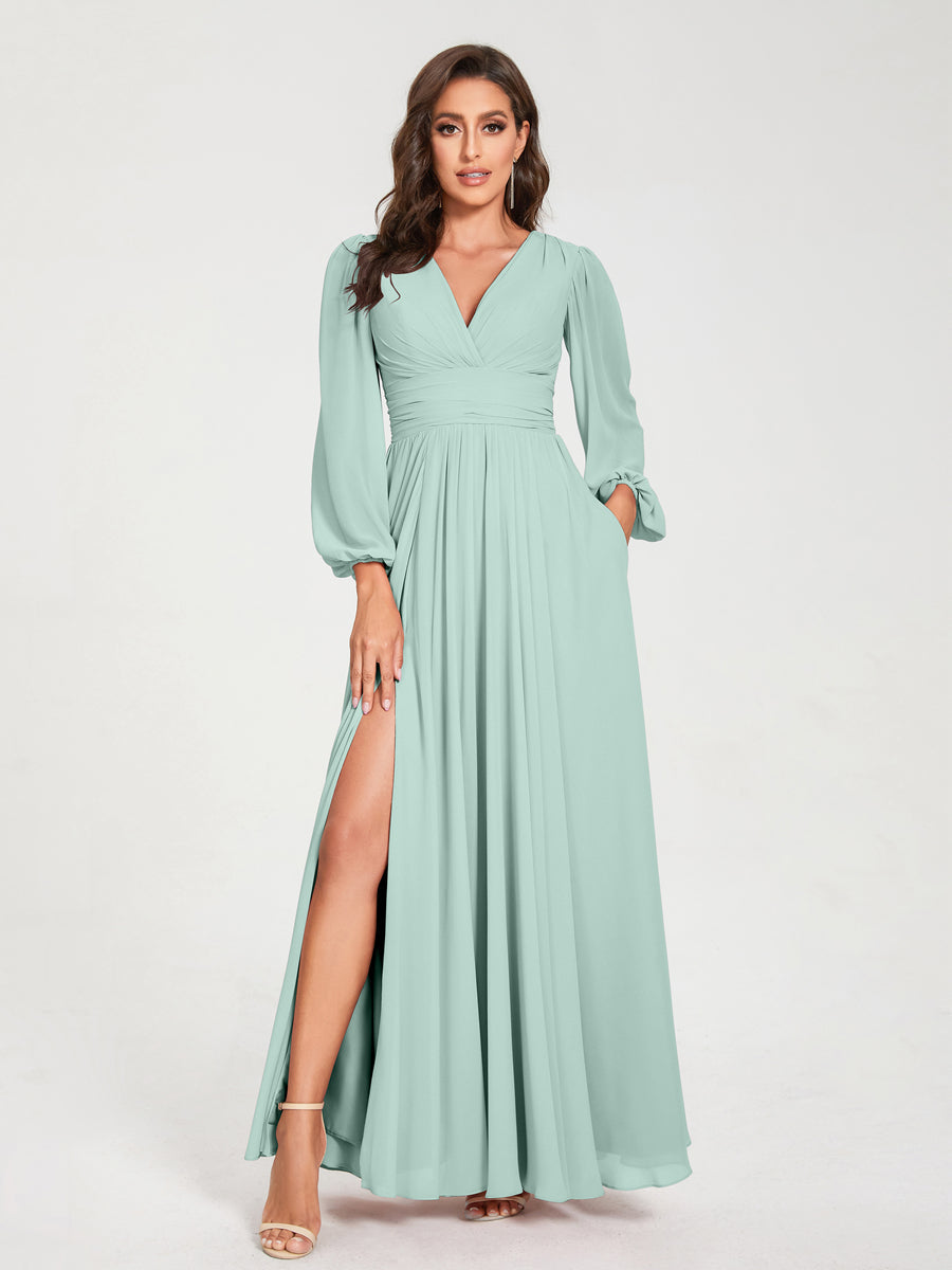 Abito da damigella d'onore a trapezio con maniche lunghe - Elegante abito formale per matrimoni e feste
