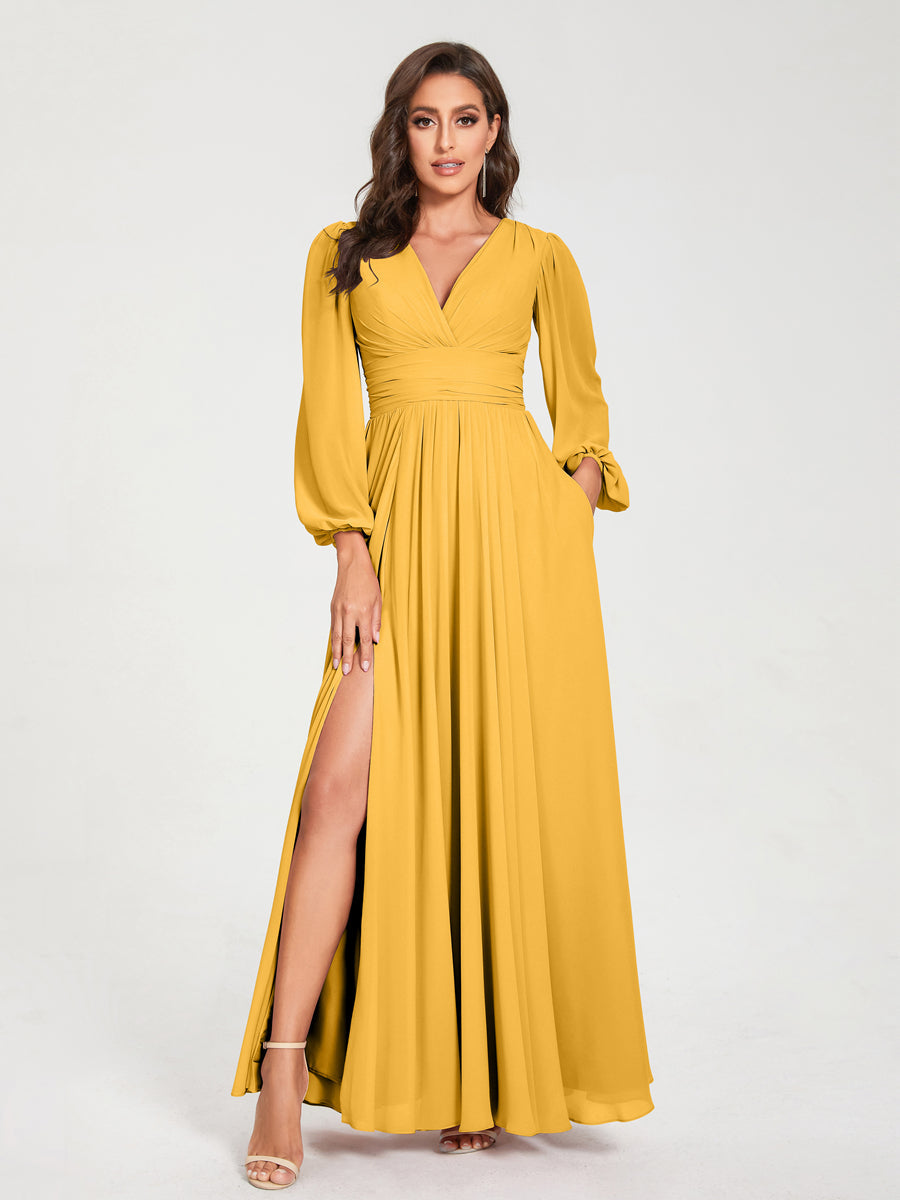 Abito da damigella d'onore a trapezio con maniche lunghe - Elegante abito formale per matrimoni e feste