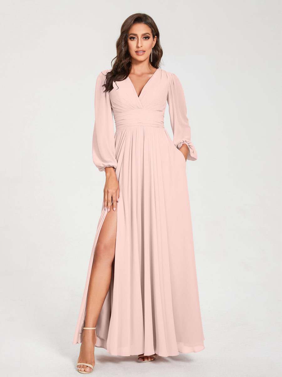 Abito da damigella d'onore a trapezio con maniche lunghe - Elegante abito formale per matrimoni e feste