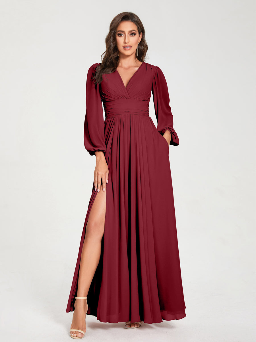 Abito da damigella d'onore a trapezio con maniche lunghe - Elegante abito formale per matrimoni e feste