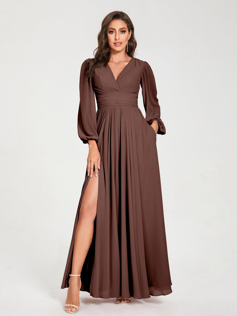 Abito da damigella d'onore a trapezio con maniche lunghe - Elegante abito formale per matrimoni e feste