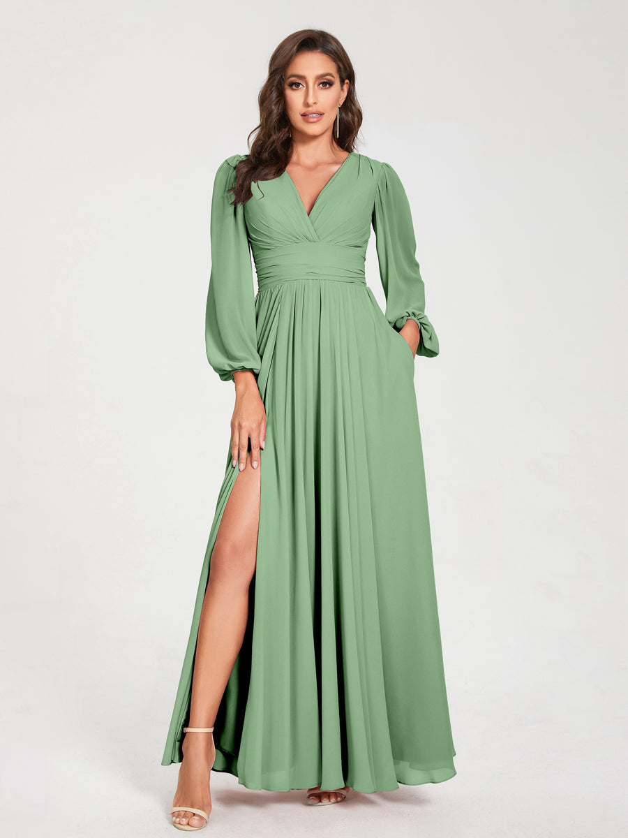 Abito da damigella d'onore a trapezio con maniche lunghe - Elegante abito formale per matrimoni e feste