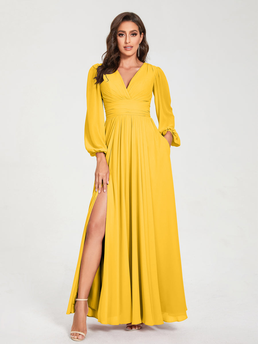 Abito da damigella d'onore a trapezio con maniche lunghe - Elegante abito formale per matrimoni e feste