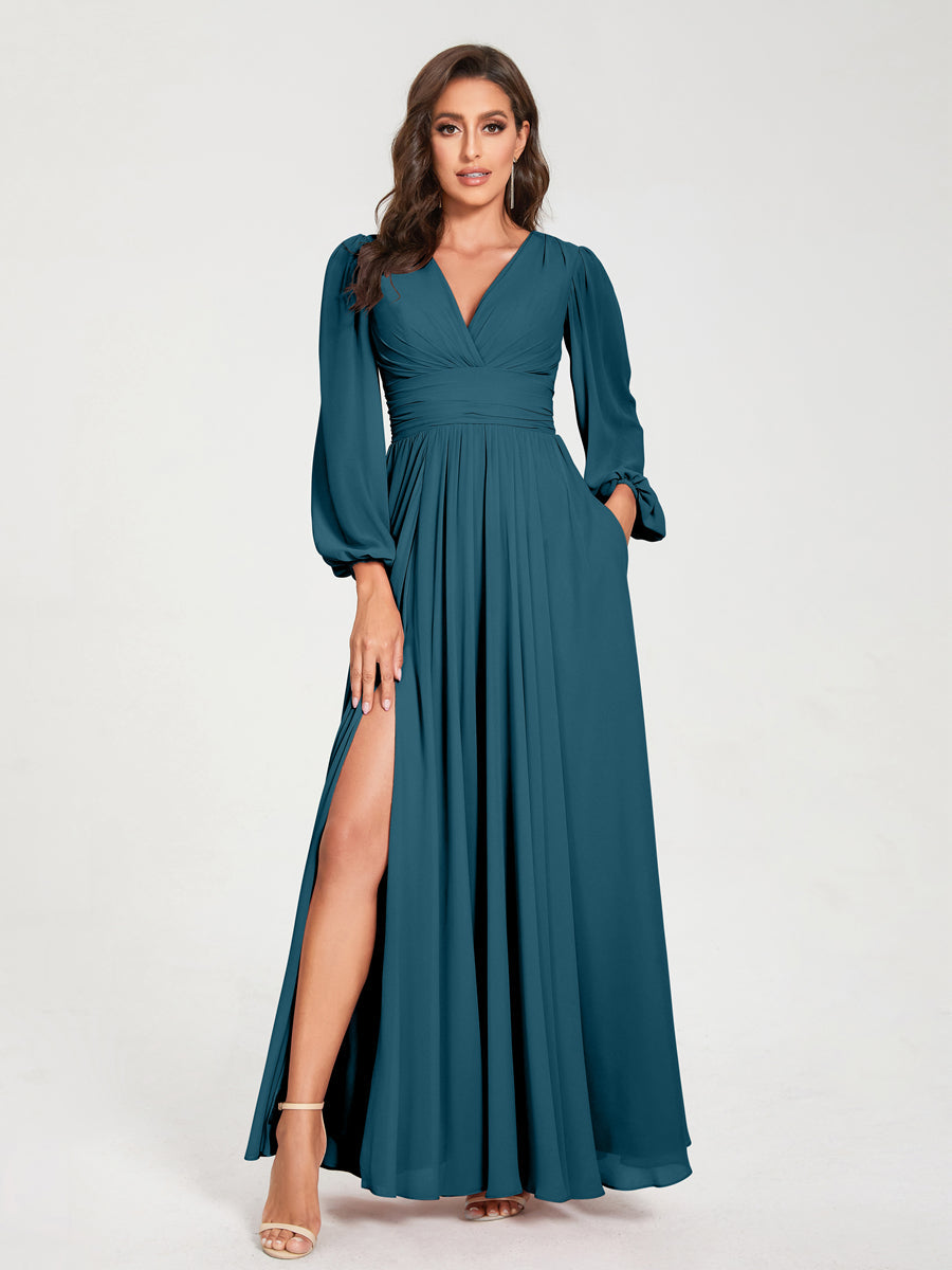 Abito da damigella d'onore a trapezio con maniche lunghe - Elegante abito formale per matrimoni e feste