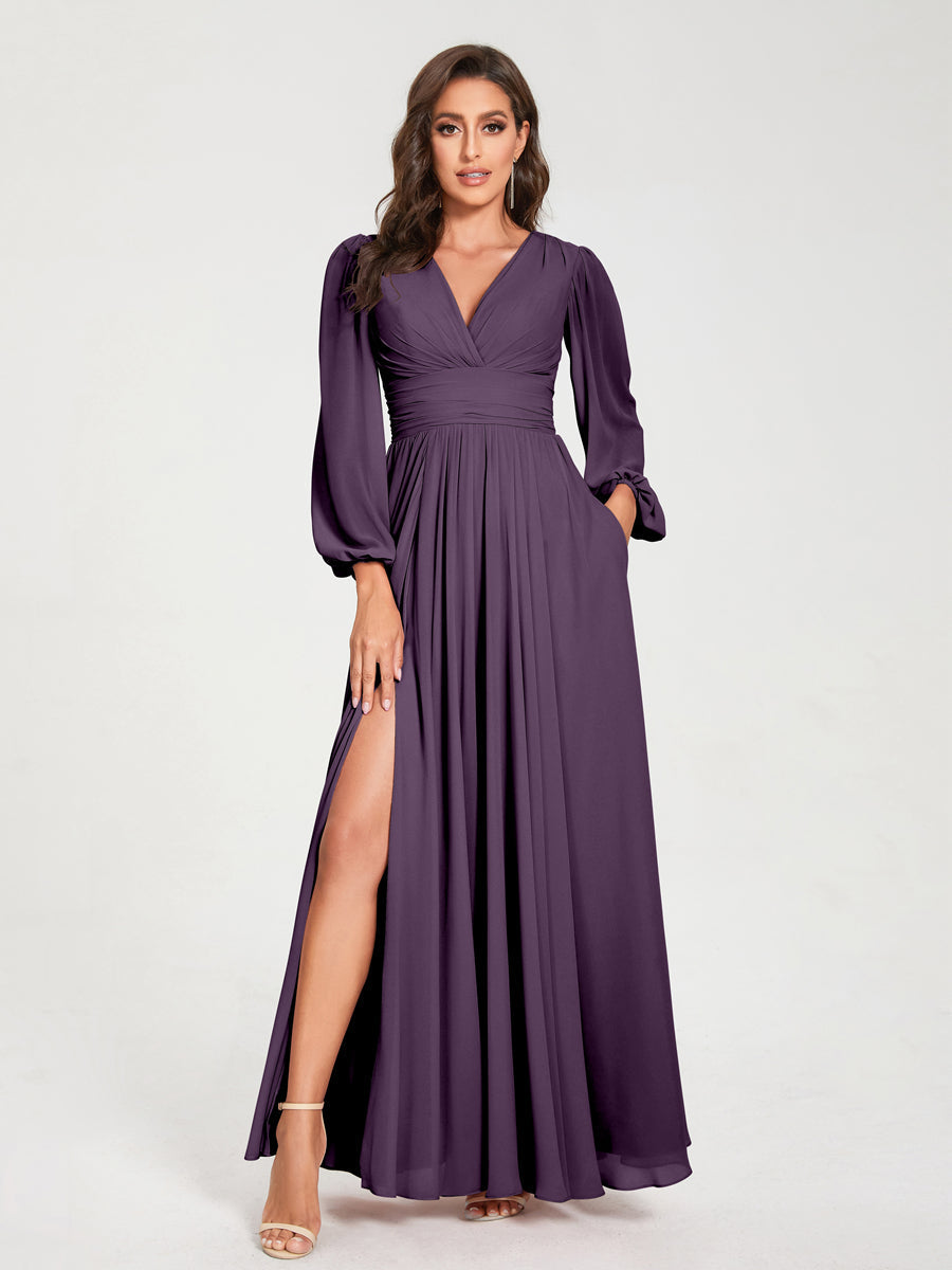 Abito da damigella d'onore a trapezio con maniche lunghe - Elegante abito formale per matrimoni e feste