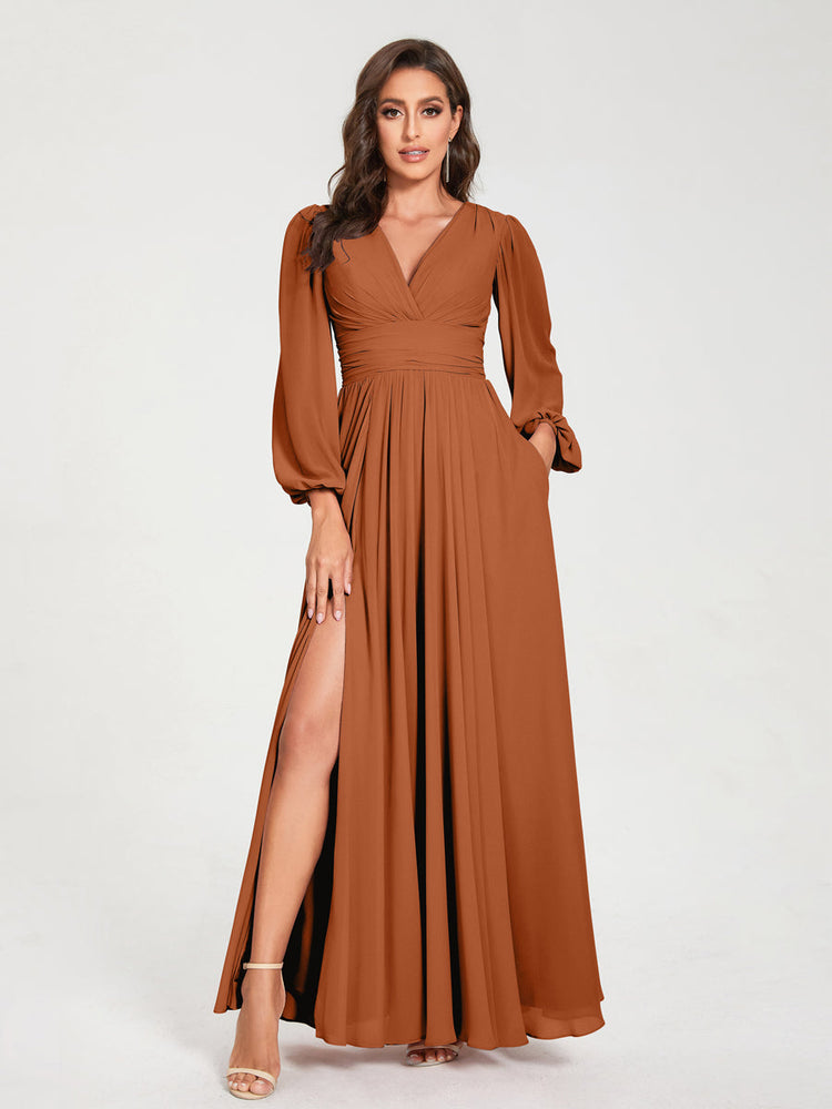Abito da damigella d'onore a trapezio con maniche lunghe - Elegante abito formale per matrimoni e feste