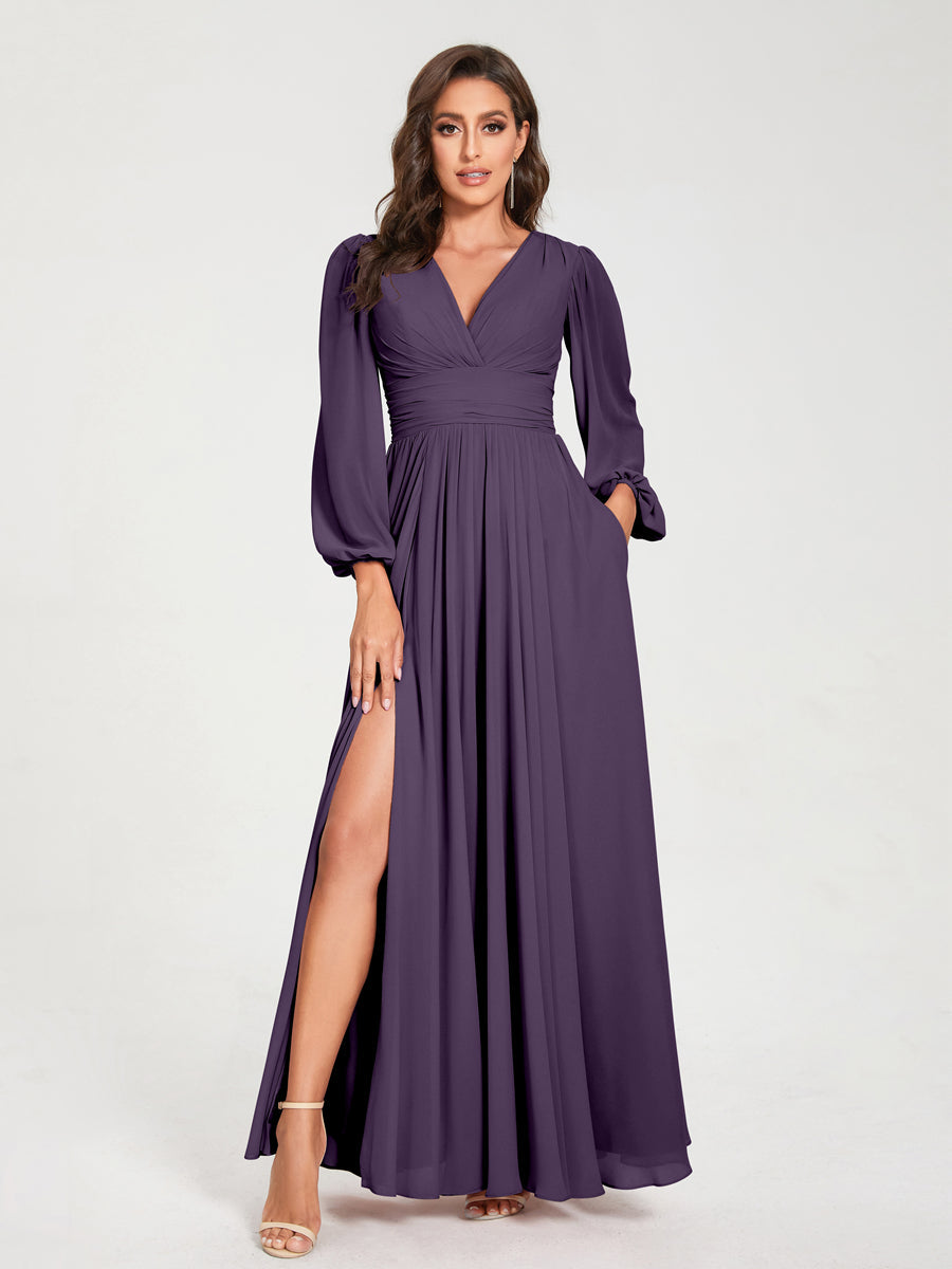 Abito da damigella d'onore a trapezio con maniche lunghe - Elegante abito formale per matrimoni e feste