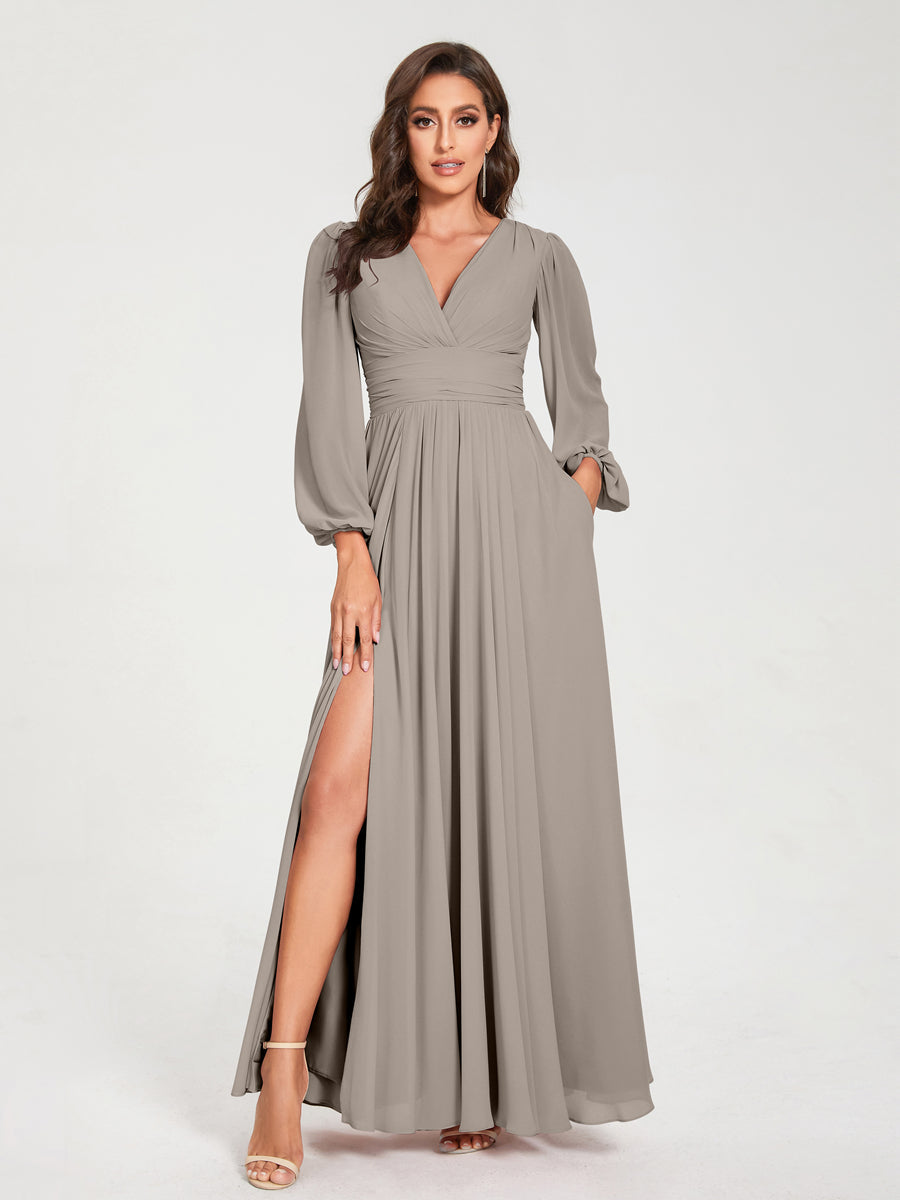 Abito da damigella d'onore a trapezio con maniche lunghe - Elegante abito formale per matrimoni e feste