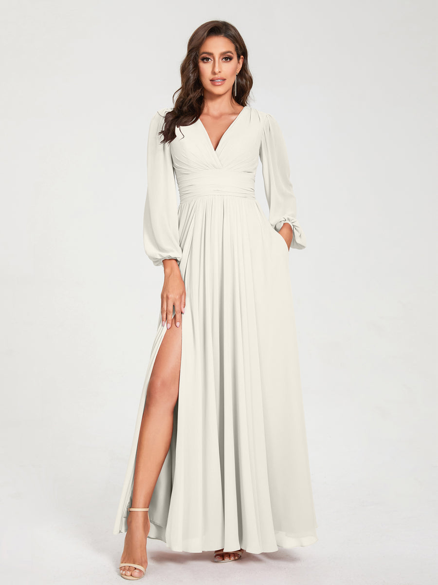 Abito da damigella d'onore a trapezio con maniche lunghe - Elegante abito formale per matrimoni e feste