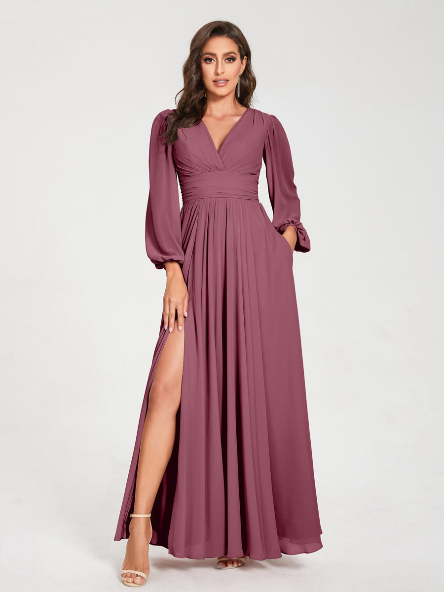 Abito da damigella d'onore a trapezio con maniche lunghe - Elegante abito formale per matrimoni e feste
