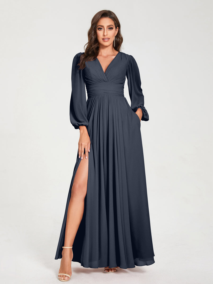 Abito da damigella d'onore a trapezio con maniche lunghe - Elegante abito formale per matrimoni e feste
