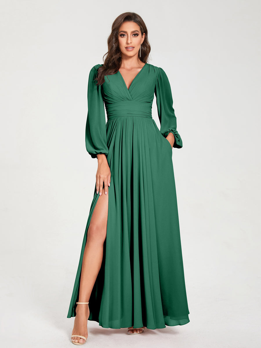 Abito da damigella d'onore a trapezio con maniche lunghe - Elegante abito formale per matrimoni e feste