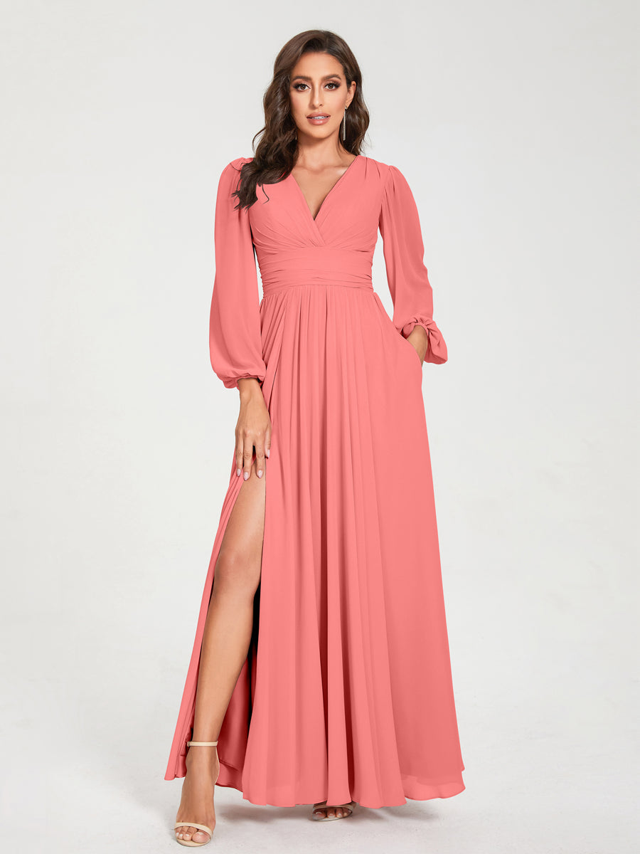 Abito da damigella d'onore a trapezio con maniche lunghe - Elegante abito formale per matrimoni e feste