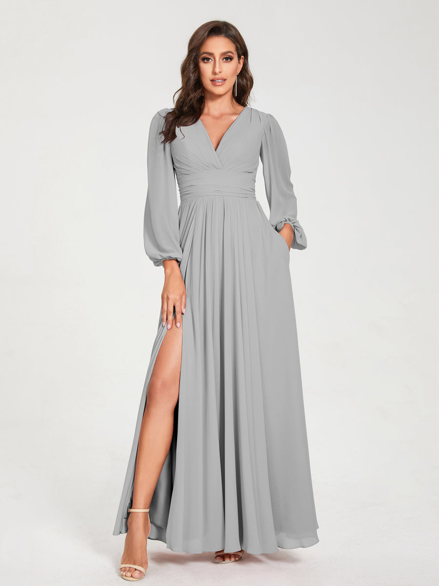 Abito da damigella d'onore a trapezio con maniche lunghe - Elegante abito formale per matrimoni e feste