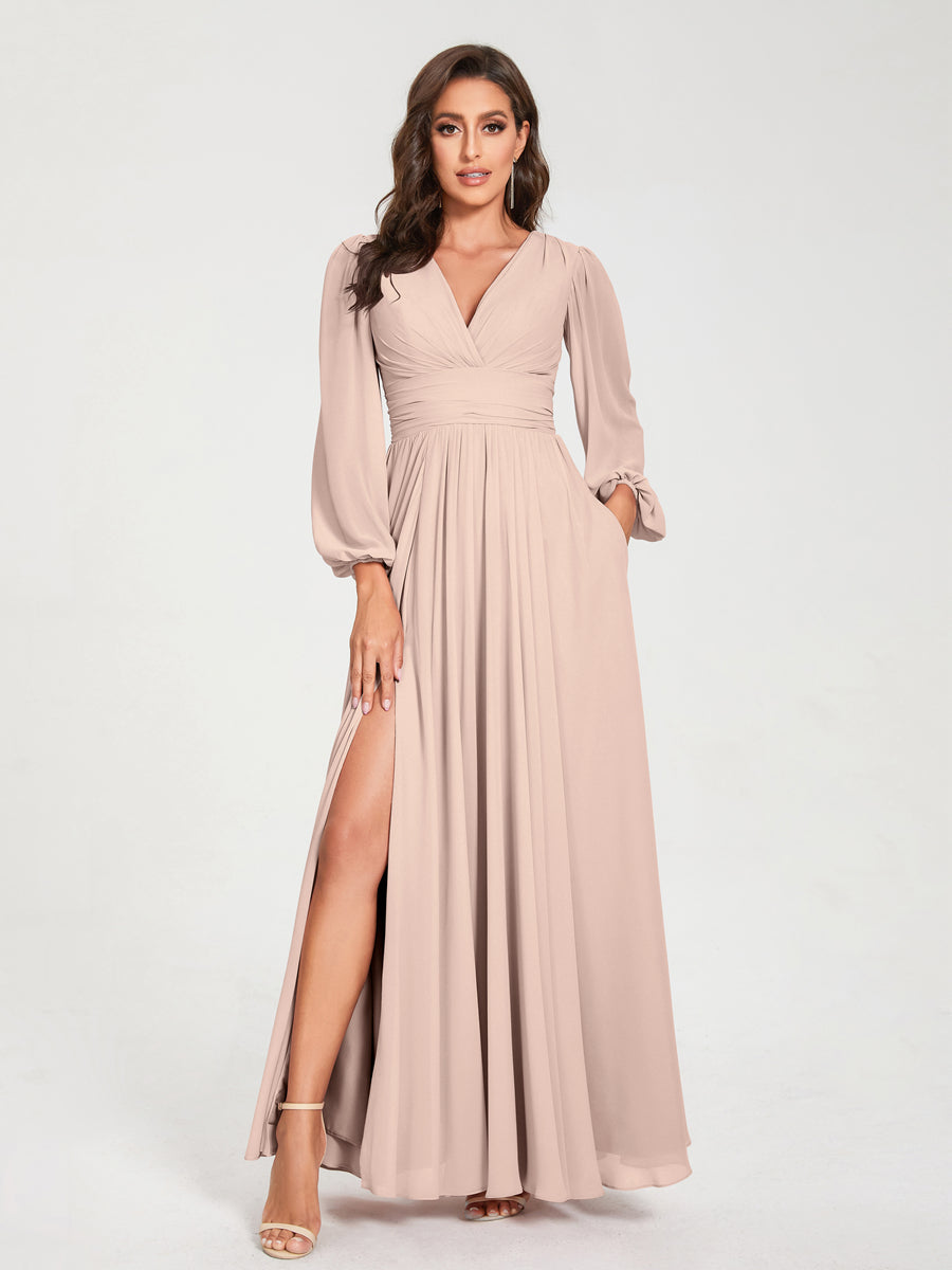Abito da damigella d'onore a trapezio con maniche lunghe - Elegante abito formale per matrimoni e feste