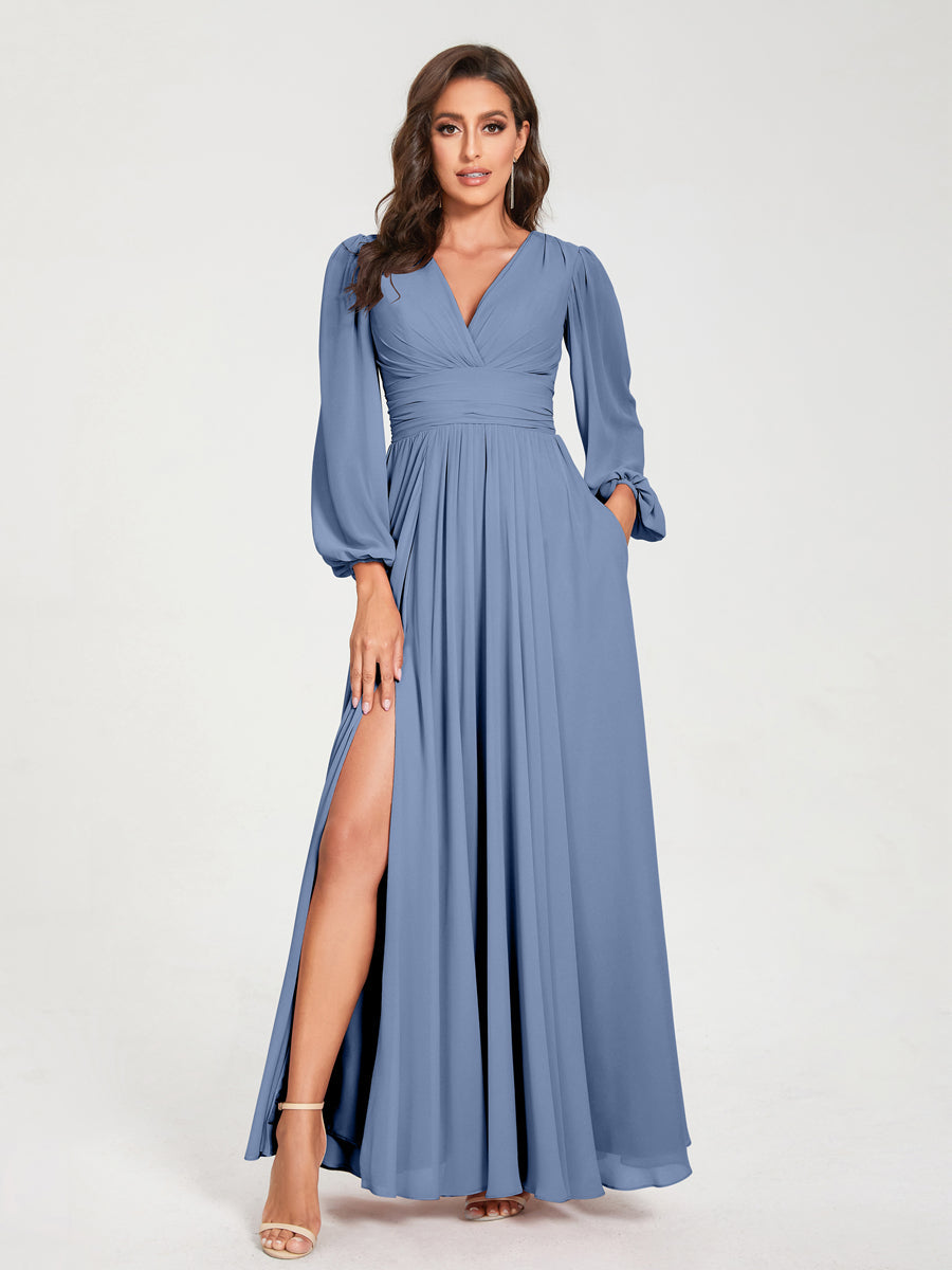 Abito da damigella d'onore a trapezio con maniche lunghe - Elegante abito formale per matrimoni e feste