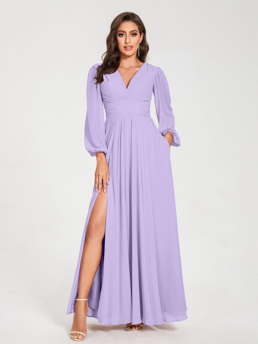 Abito da damigella d'onore a trapezio con maniche lunghe - Elegante abito formale per matrimoni e feste