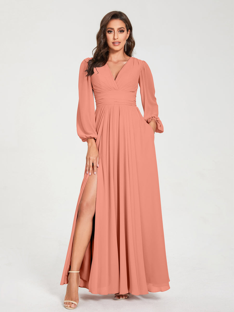 Abito da damigella d'onore a trapezio con maniche lunghe - Elegante abito formale per matrimoni e feste