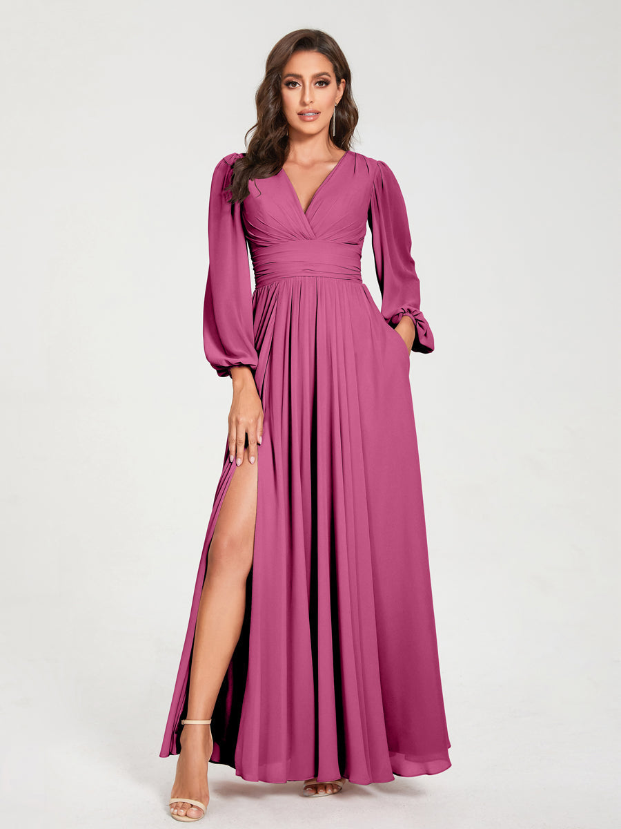 Abito da damigella d'onore a trapezio con maniche lunghe - Elegante abito formale per matrimoni e feste