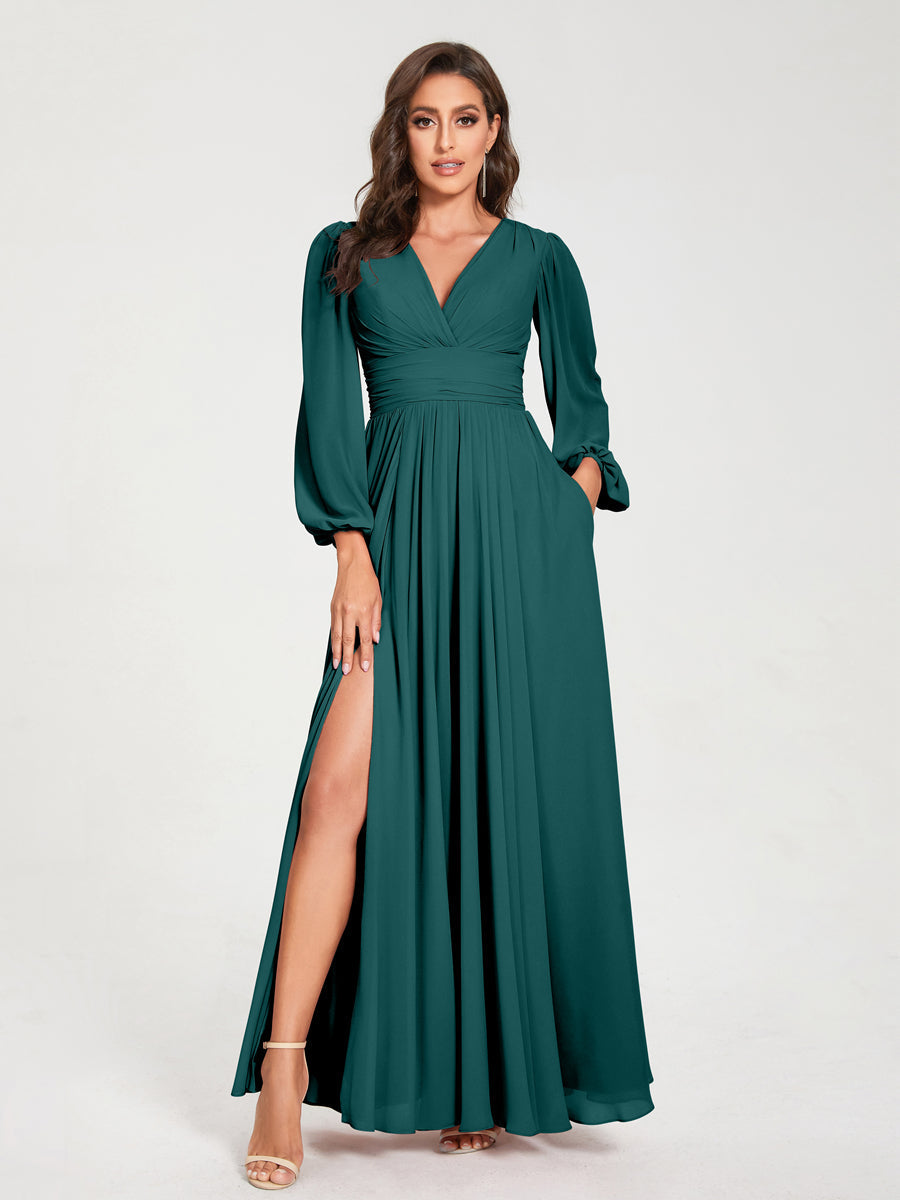 Abito da damigella d'onore a trapezio con maniche lunghe - Elegante abito formale per matrimoni e feste