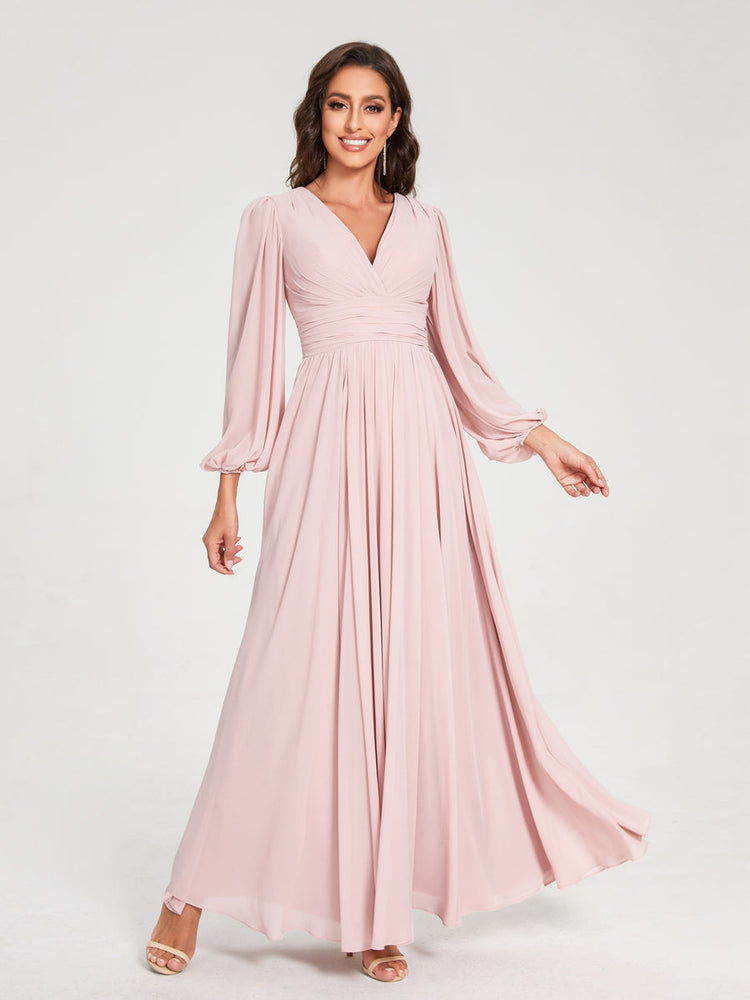 Abito da damigella d'onore a trapezio con maniche lunghe - Elegante abito formale per matrimoni e feste