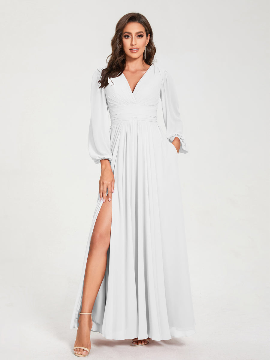 Abito da damigella d'onore a trapezio con maniche lunghe - Elegante abito formale per matrimoni e feste