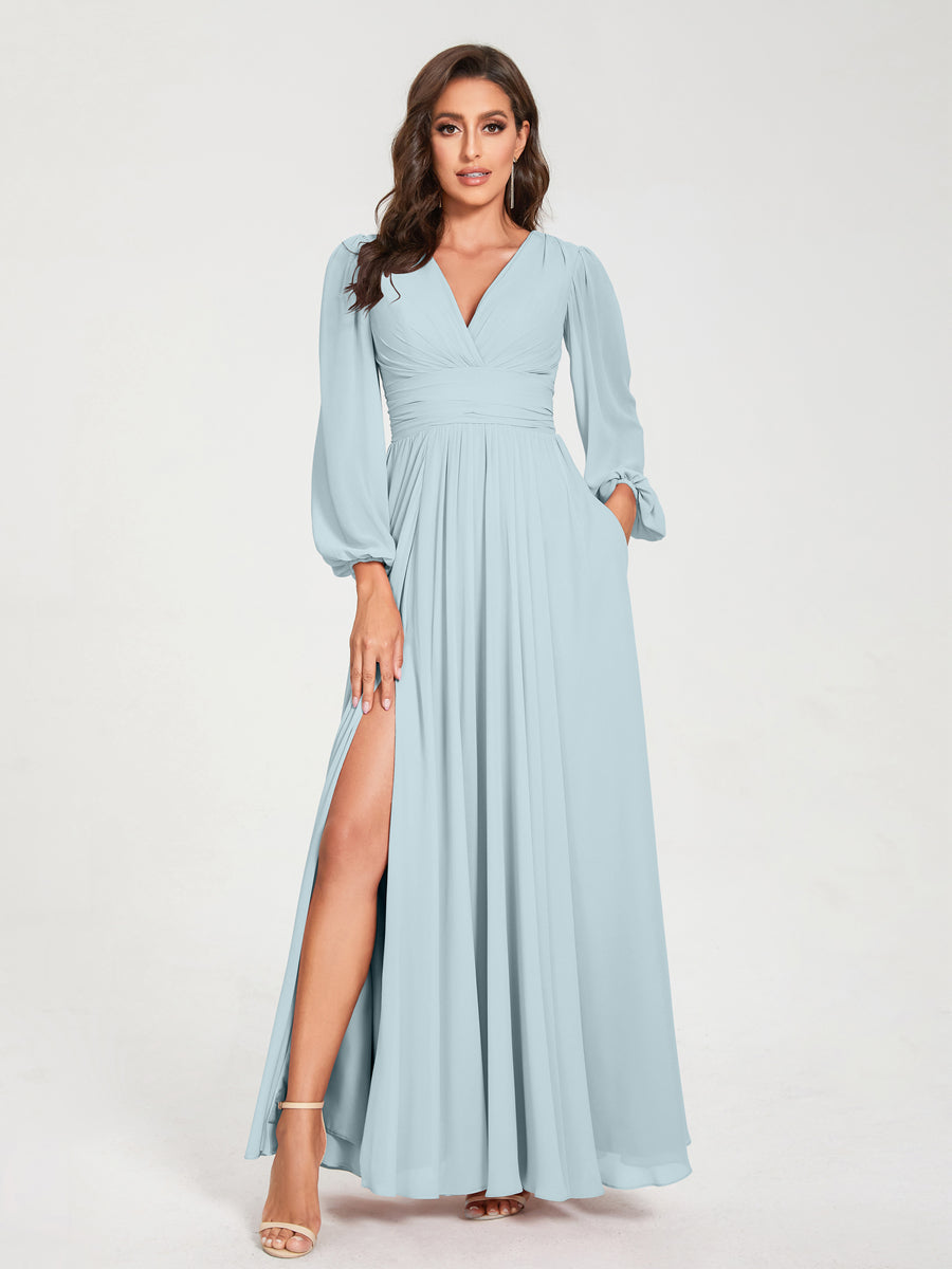 Abito da damigella d'onore a trapezio con maniche lunghe - Elegante abito formale per matrimoni e feste