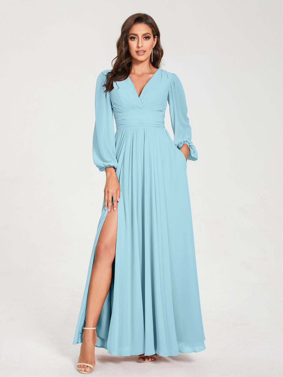 Abito da damigella d'onore a trapezio con maniche lunghe - Elegante abito formale per matrimoni e feste
