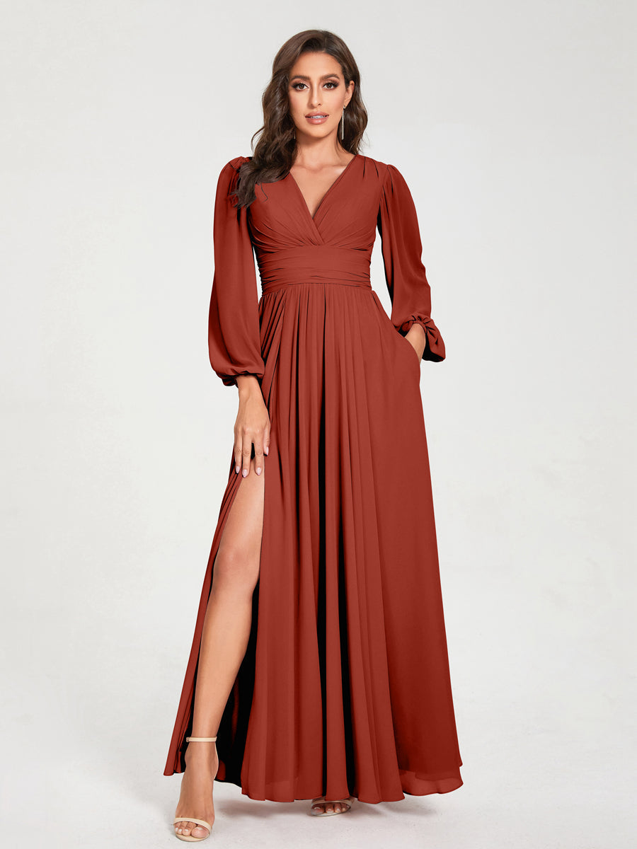 Abito da damigella d'onore a trapezio con maniche lunghe - Elegante abito formale per matrimoni e feste