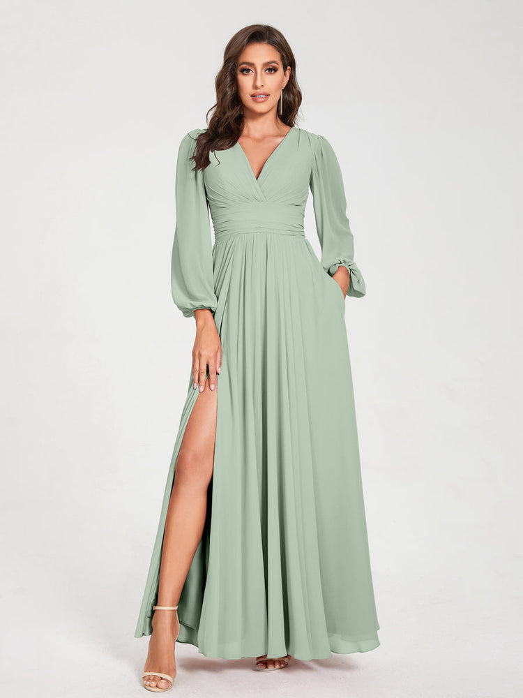 Abito da damigella d'onore a trapezio con maniche lunghe - Elegante abito formale per matrimoni e feste