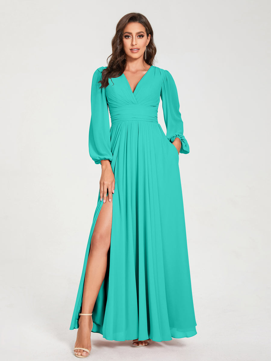 Abito da damigella d'onore a trapezio con maniche lunghe - Elegante abito formale per matrimoni e feste