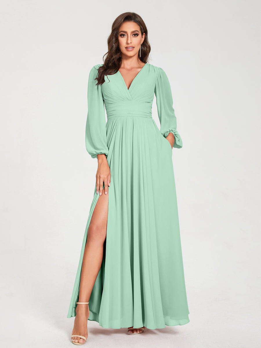 Abito da damigella d'onore a trapezio con maniche lunghe - Elegante abito formale per matrimoni e feste