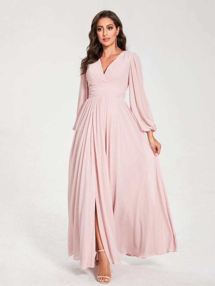 Abito da damigella d'onore a trapezio con maniche lunghe - Elegante abito formale per matrimoni e feste