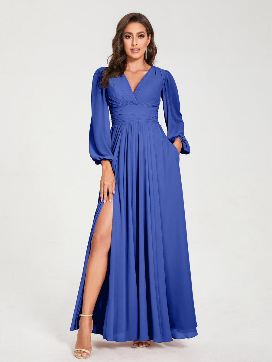 Abito da damigella d'onore a trapezio con maniche lunghe - Elegante abito formale per matrimoni e feste