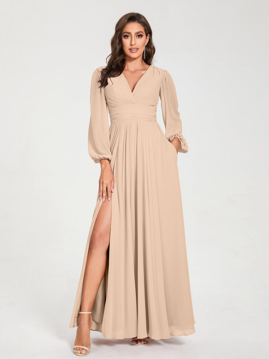 Abito da damigella d'onore a trapezio con maniche lunghe - Elegante abito formale per matrimoni e feste