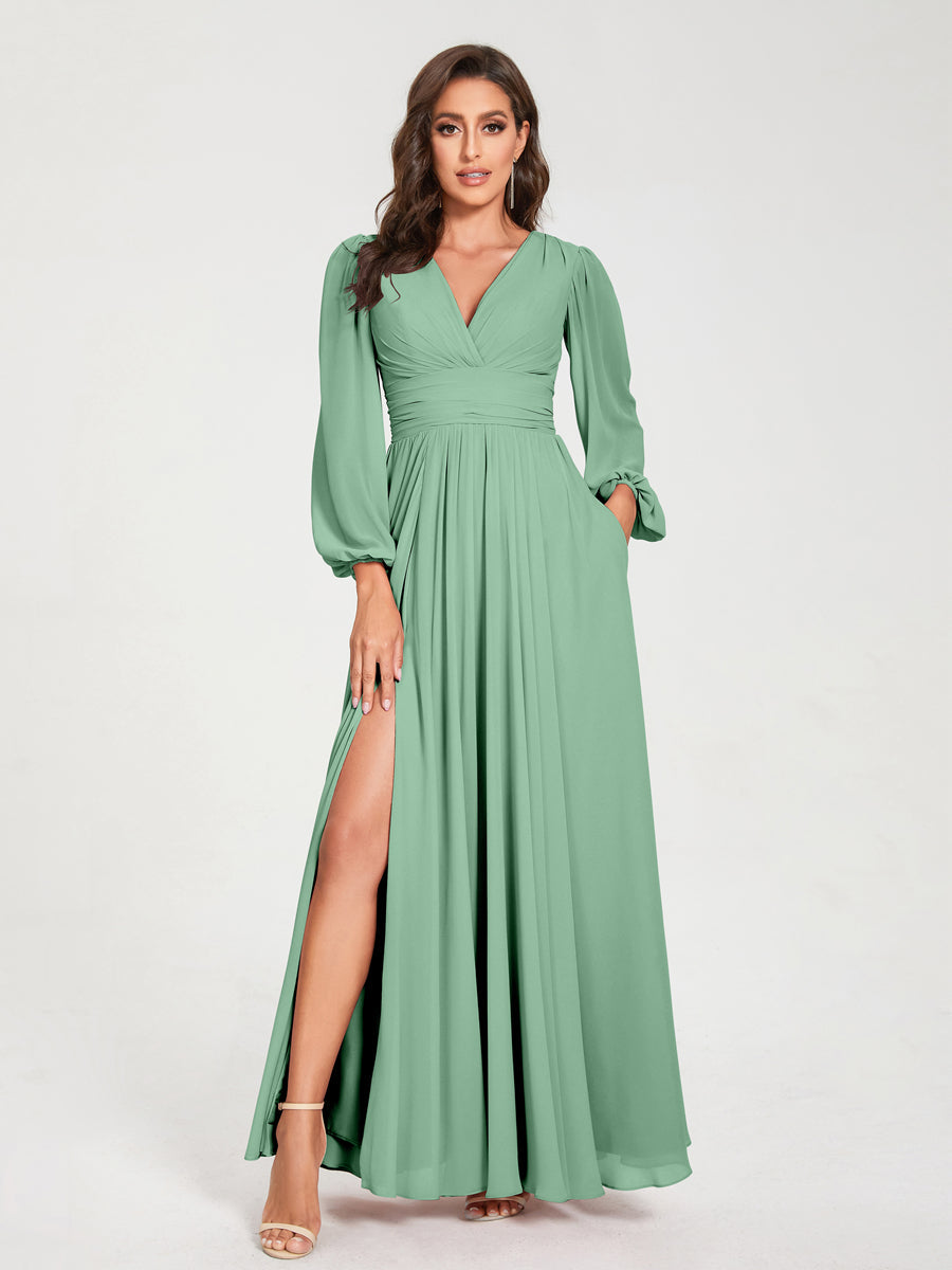 Abito da damigella d'onore a trapezio con maniche lunghe - Elegante abito formale per matrimoni e feste