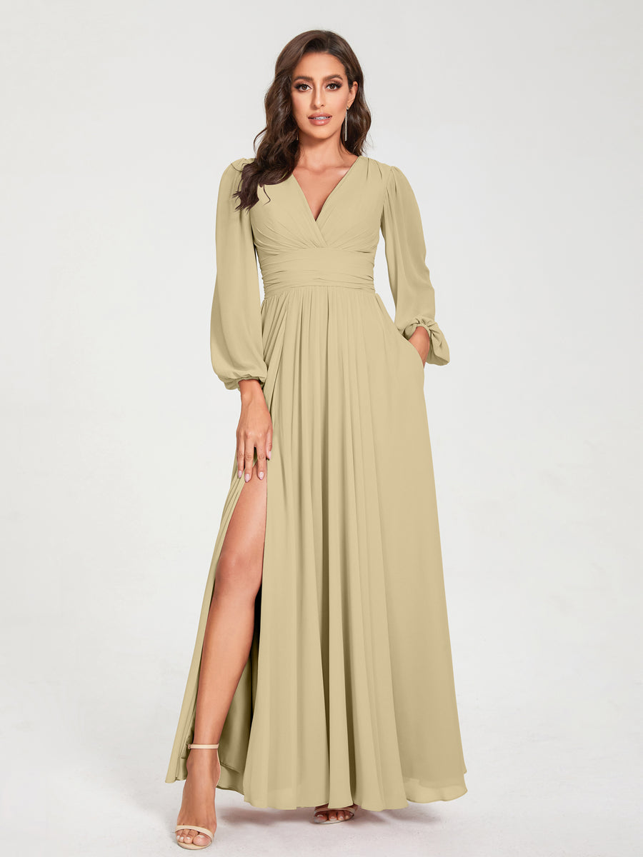 Abito da damigella d'onore a trapezio con maniche lunghe - Elegante abito formale per matrimoni e feste